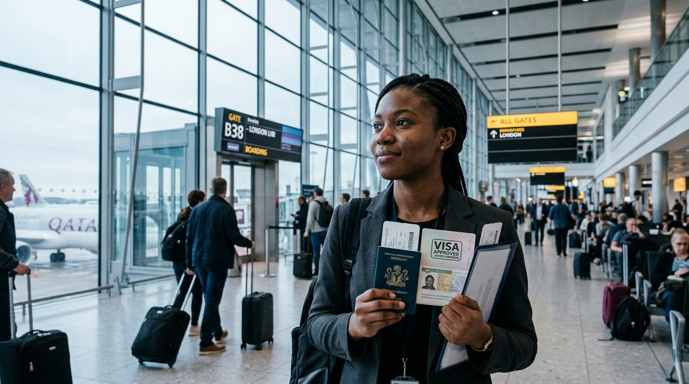 Young Nigerian professional holding approved visa documents at airport terminal